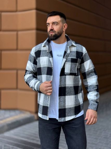 Теплая мужская байковая рубашка в клетку на пуговицах размер XXL цвет черный Vi1048 | Зображення 6