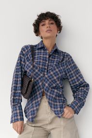 Сорочка в клітинку з акцентом на талію - синій цвет, S (є розміри)