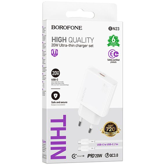 МЗП Borofone BN23 Wish PD20W (1USB-C) + кабель Type-C to Type-C White | Зображення 1