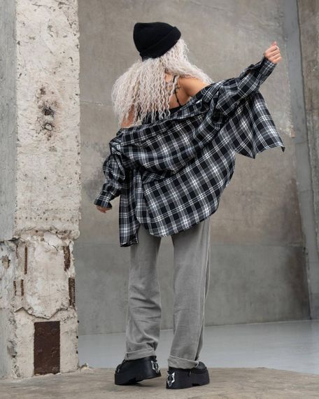 Женская фланелевая рубашка в клетку на пуговицах свободная, MN0003  цвет черный, размер 2XL/3XL | Зображення 4