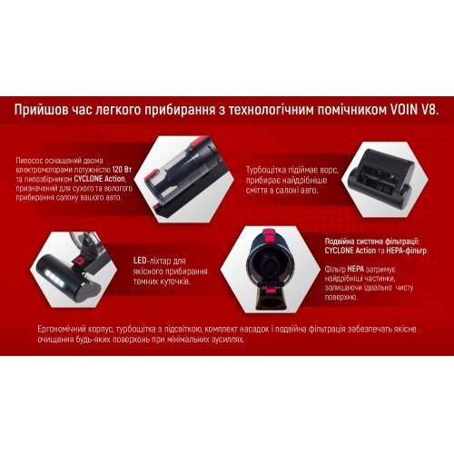 Пилосос "VOIN" V-80 120W/Turbo щітка/Led ліхтар/вологе та сухе чищення/сумка | Зображення 4