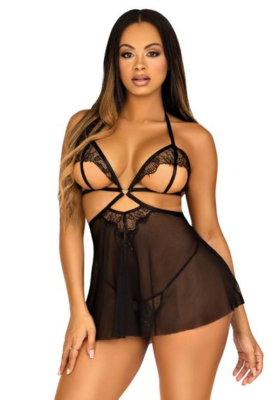 Сорочка беби-долл с открытыми чашками Leg Avenue Lace and mesh babydoll & panty Black S, стринги | Зображення 5