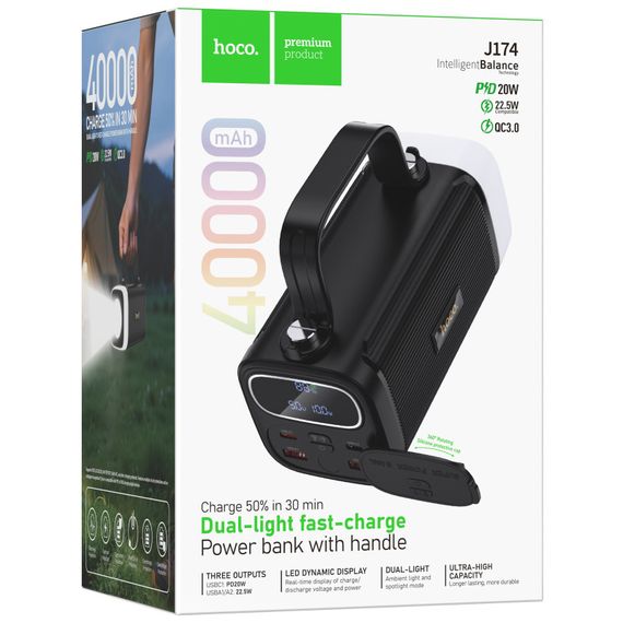 Портативний ЗП Power Bank Hoco J174 Unimpeded 22.5W+PD20W dual lighting 40000 mAh Black | Зображення 1