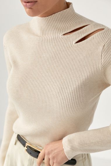 Лонг у рубчик з вирізами на плечі - бежевий цвет, ONE SIZE (є розміри) | Зображення 3