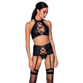 Комплект из эко-кожи с имитацией шнуровки Passion NANCY SET L/XL black топ, трусики, пояс для чулок, Черный, S/M