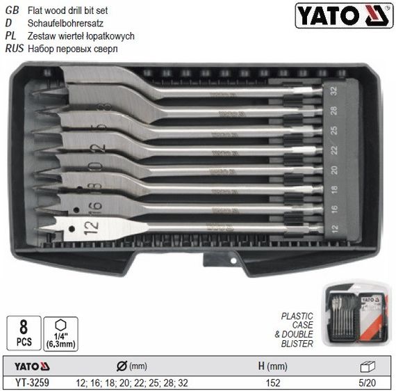 Набор сверло перовое YATO Польша 6 граней 1/4" Ø=12-32 l=152 8 штук YT-3259