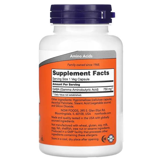 ГАМК – гамма-аминомасляная кислота NOW GABA 750 mg 100 Veg Capsules | Зображення 1