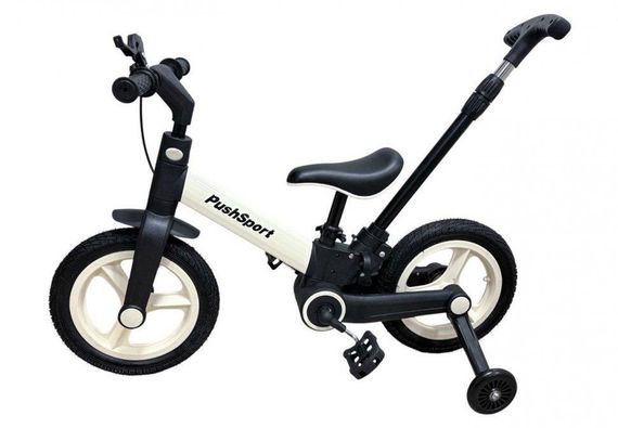 Дитячий велосипед-біговел 2в1 PUSH SPORT M10 | Ручне гальмо, страхувальні колеса та регульоване сидіння Білий