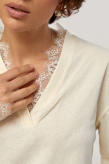 Вільний лонгслів з мереживом - кремовий цвет, ONE SIZE (є розміри) | Зображення 3