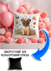 Подушка плюшева Мерч Крафт Дизайн з принтом мопс 3 чорний плюш квадратна 33х33 см