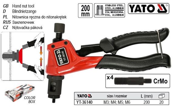 Заклепочник нито-гаек резьбовой М3/М4/М5/М6 200мм YATO Польша YT-36140 | Зображення 3