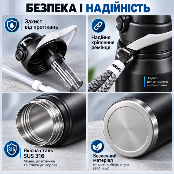 Термос NRMEI из нержавеющей стали 316 герметичный не содержит BPA 1500 мл Черный | Зображення 1