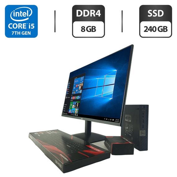 Комплект ПК: неттоп Dell OptiPlex 7050 Micro USFF / Intel Core i5-7500T (4 ядра по 2.7 - 3.3 GHz) / 8 GB DDR4 / 240 GB SSD / Intel HD Graphics 630 + Новий монітор AOC 24B31H/24" (1920x1080) IPS / Кабелі б/в + Подарунок Дротова клавіатура + мишка