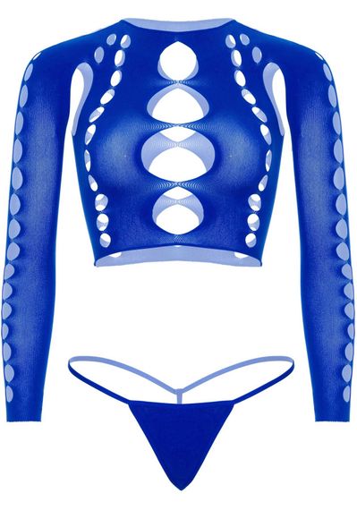 Комплект Leg Avenue Long sleeve crop top & string Royal Blue One Size, топ, стрінги | Зображення 2