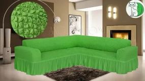 Зеленый Турецкая накидка на угловой диван с оборкой, натяжной чехол на диван