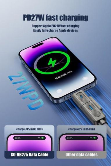 Кабель XO NB275 Zinc Alloy Silicone Type-C/USB-A to TYPE-C/Lightning - 4-in-1 - 60W - 1m Gray | Зображення 8