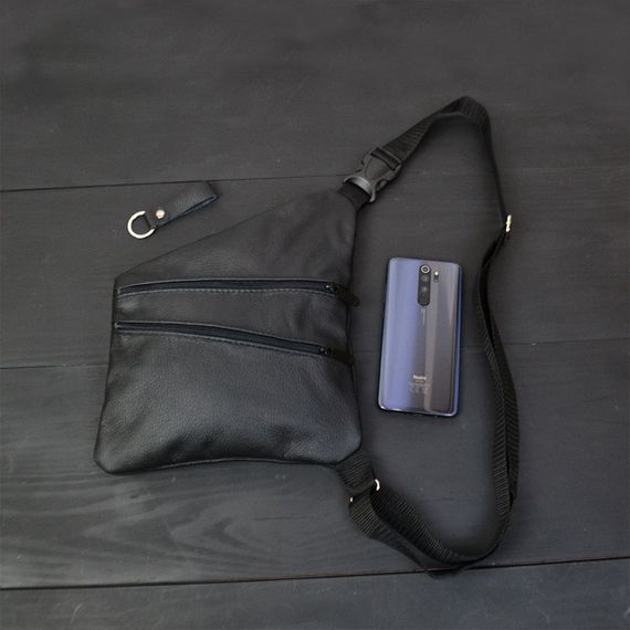 Сумка чоловіча на 3 кишенях, з натуральної шкіри, слінг нагрудний чорний, чоловіча сумка кроссбоді | Зображення 6