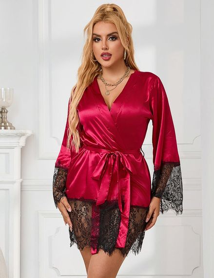 Халат з мереживом Star Night з поясом та стрінгами, червоно-чорний, XS-S sexstyle