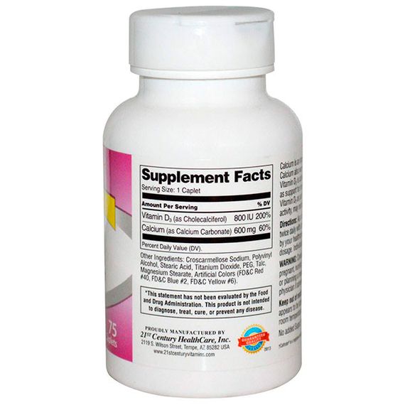 Витаминно-минеральный комплекс 21st Century Calcium 600+D3 75 Caplets | Зображення 1