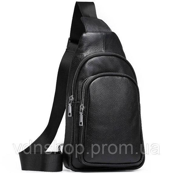Чоловічий слінг шкіряний 32х18х8, сумка рюкзак на плече зерниста, бананка для документів23242 чорна | Зображення 1