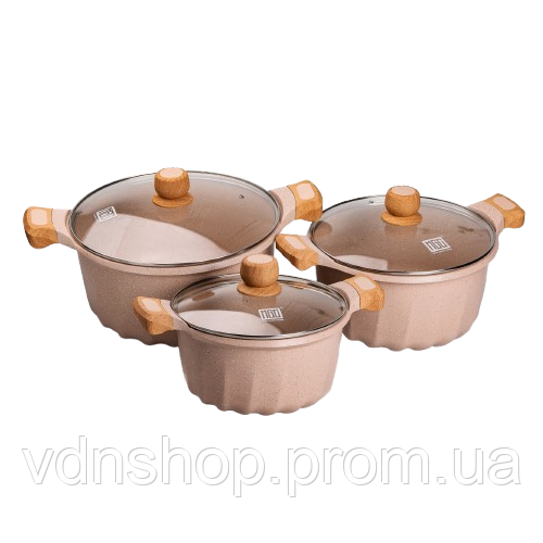 Набір із трьох каструль та сковорідок з кришками 24, 28, 32 см, товсте алюмінієве дно MGC HP-4-402 | Зображення 1