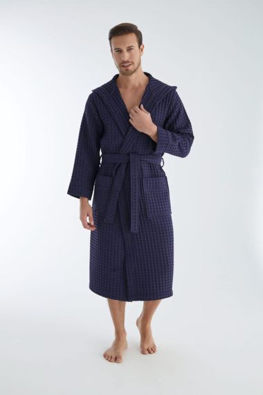 Мужской вафельный халат Nusa 1325 с капюшоном XL синий
