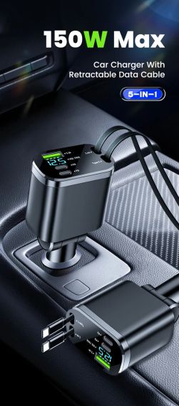 Автомобільний зарядний пристрій 150 Вт PD30W з дисплеєм напруги та висувним кабелем | Зображення 7