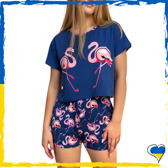 Жіноча піжама топ і шорти синя з фламінго S, M, L, XL