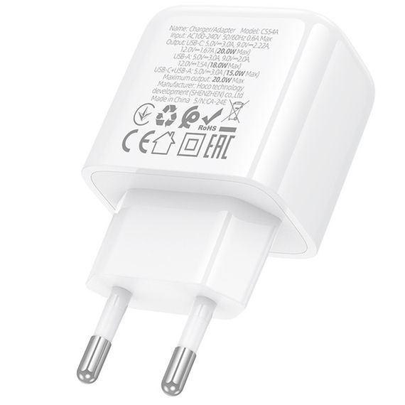 СЗУ Hoco CS54A Surplus PD20W+QC3.0 (1USB-A/1C) White | Зображення 6