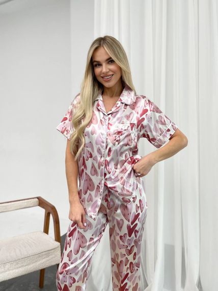 Шовкова рожева піжамка з сердечками з коротким рукавом | Зображення 9