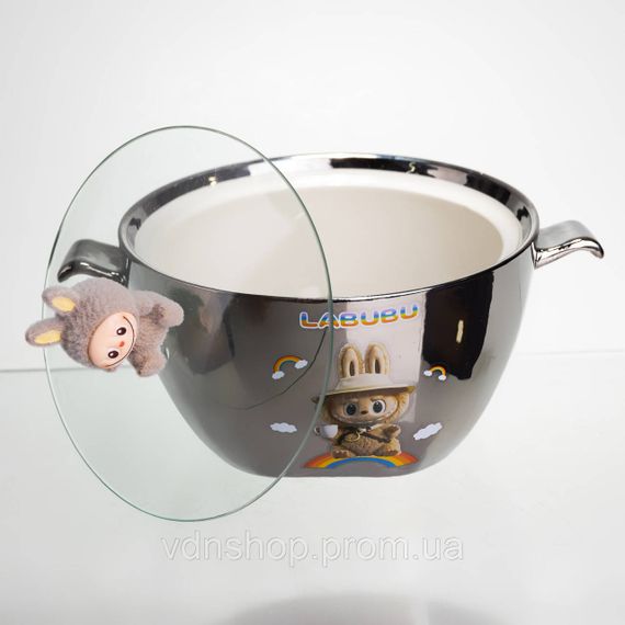 Бульйонниця порцелянова Labubu з кришкою та ручками 800 (мл) Ø15 (см) дитяча тарілка для супу та локшини Сріблястий з коричневим | Зображення 2