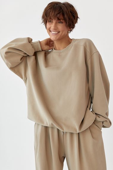 Теплий однотонний костюм зі світшотом та штанами зі складками - світло-коричневий цвет, M (є розміри) | Зображення 2