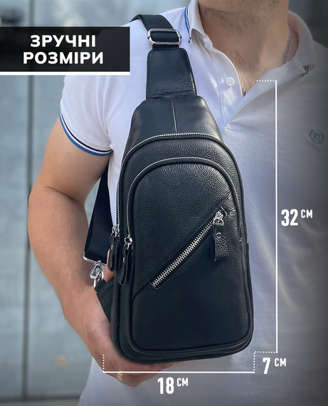 Чоловічий слінг сумка через плече шкіряна чорна Tiding Bag 33737 | Зображення 3