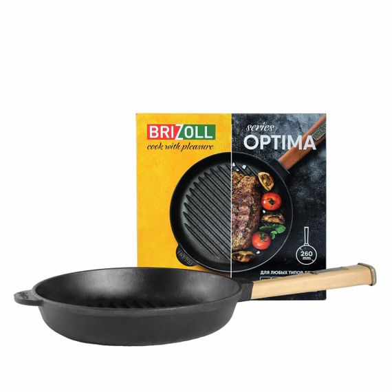 Сковорода-гриль чавунна Brizoll Optima 26 см O2640G-P з дерев'яною ручкою для всіх плит | Зображення 1