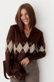 В'язаний светр-поло з ромбами - коричневий цвет, ONE SIZE (є розміри)