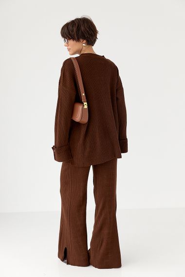 В'язаний костюм в рубчик вільною крою - коричневий цвет, ONE SIZE (є розміри) | Зображення 1