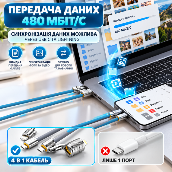 Кабель зарядний 4 в 1 універсальний 1 м блакитний для швидкого заряджання та передачі даних із захистом від перегріву | Зображення 6