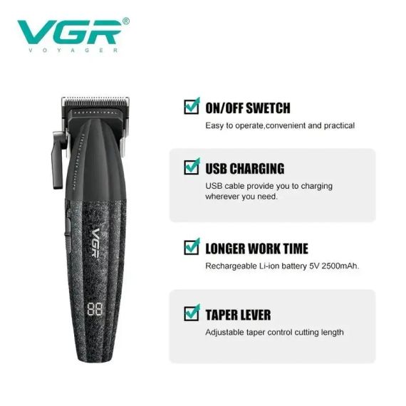 Аккумуляторная машинка для стрижки VGR V-640C BLACK, 6 насадок, LED дисплей, 9000RPM | Зображення 6
