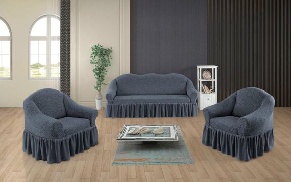 Жаккардовый чехол на диван + 2 кресла Stone с юбкой ванильный антрацит