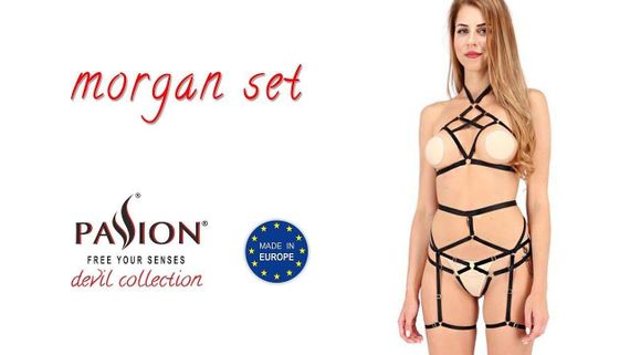 Комплект білизни Passion Exclusive MORGAN SET OpenBra S/M, black, стрепи, трусики, ліф, пояс Sex Aura | Зображення 2