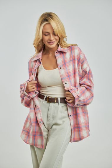 Картата сорочка на кнопках із подовженою спинкою - пудра цвет, ONE SIZE (є розміри) | Зображення 4