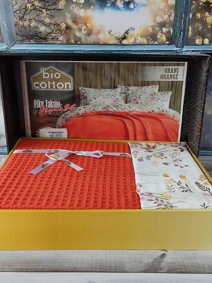 Постельное белье летнее Bio Cotton Oranc Ранфорс (покрывало вафельное) Евро размер