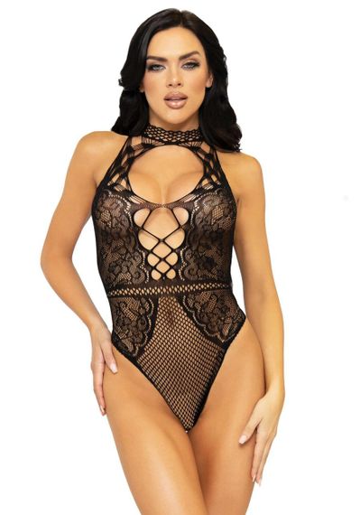 Leg Avenue Net and lace halter bodysuit OS Black Sex Aura | Зображення 2