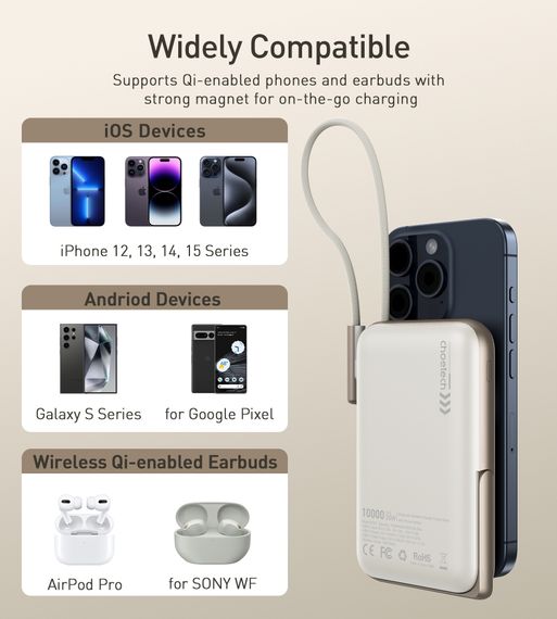 УМБ Choetech Magnetic Wireless 10000mAh 20W PD USB-C In/Out, Qi-15W,buid-in cabel White | Зображення 6