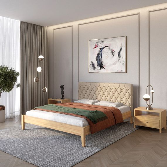 Двоспальне дерев&#039;яне ліжко Mebigrand Венеція ДК Горіх світлий/Аляска 23 (Бежевий) 140х190 см (MBG-5725)