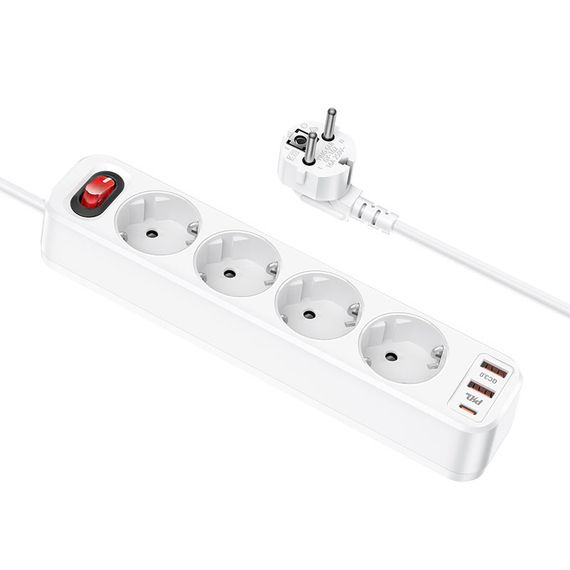 Удлинитель Hoco NS1 Aura PD20W (2USB/1Type-C/4xSocket) White | Зображення 1