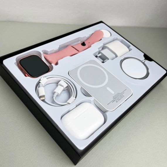Комплект Megabox 6в1 - Watch 9 / Air Pro 2 / Battary Pack / MagSafe / 20W Type-С / Кабель 3х / Ремінець (Рожевий) UA | Зображення 1