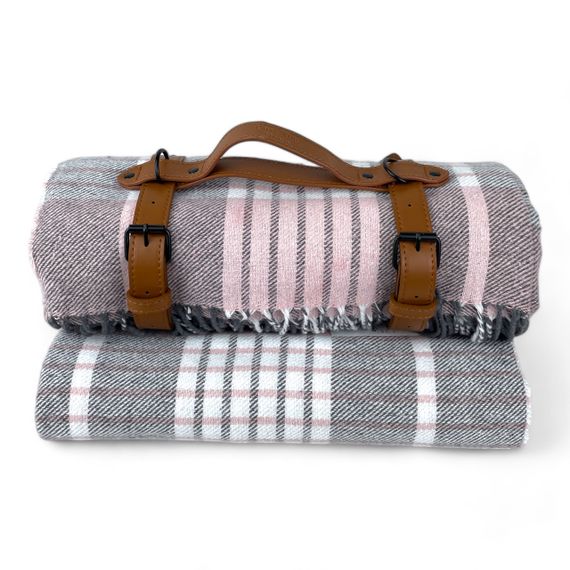 Плед тревел хлопковый клетка розовый с ремнем Love You | Зображення 2