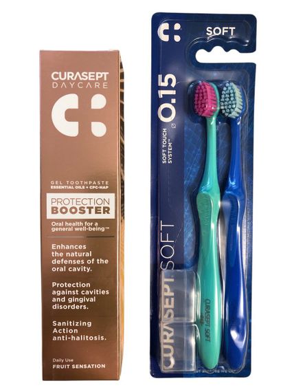 Набір для пари: зубна паста Curasept DENT DAYCARE PROT BOOSTER FRUIT SENSATION+ набір зубних щіток Curasept SOFT TOOTHBRUSH