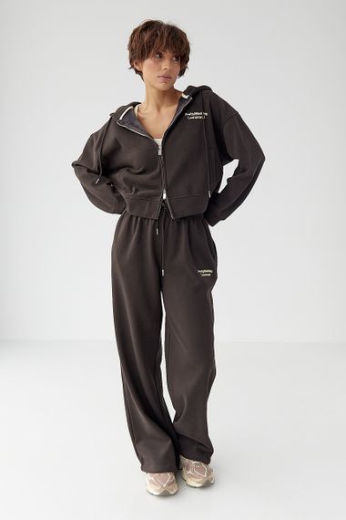 Утеплений спортивний костюм із худі та прямими штанами - темно-коричневий цвет, M/L (є розміри) | Зображення 4